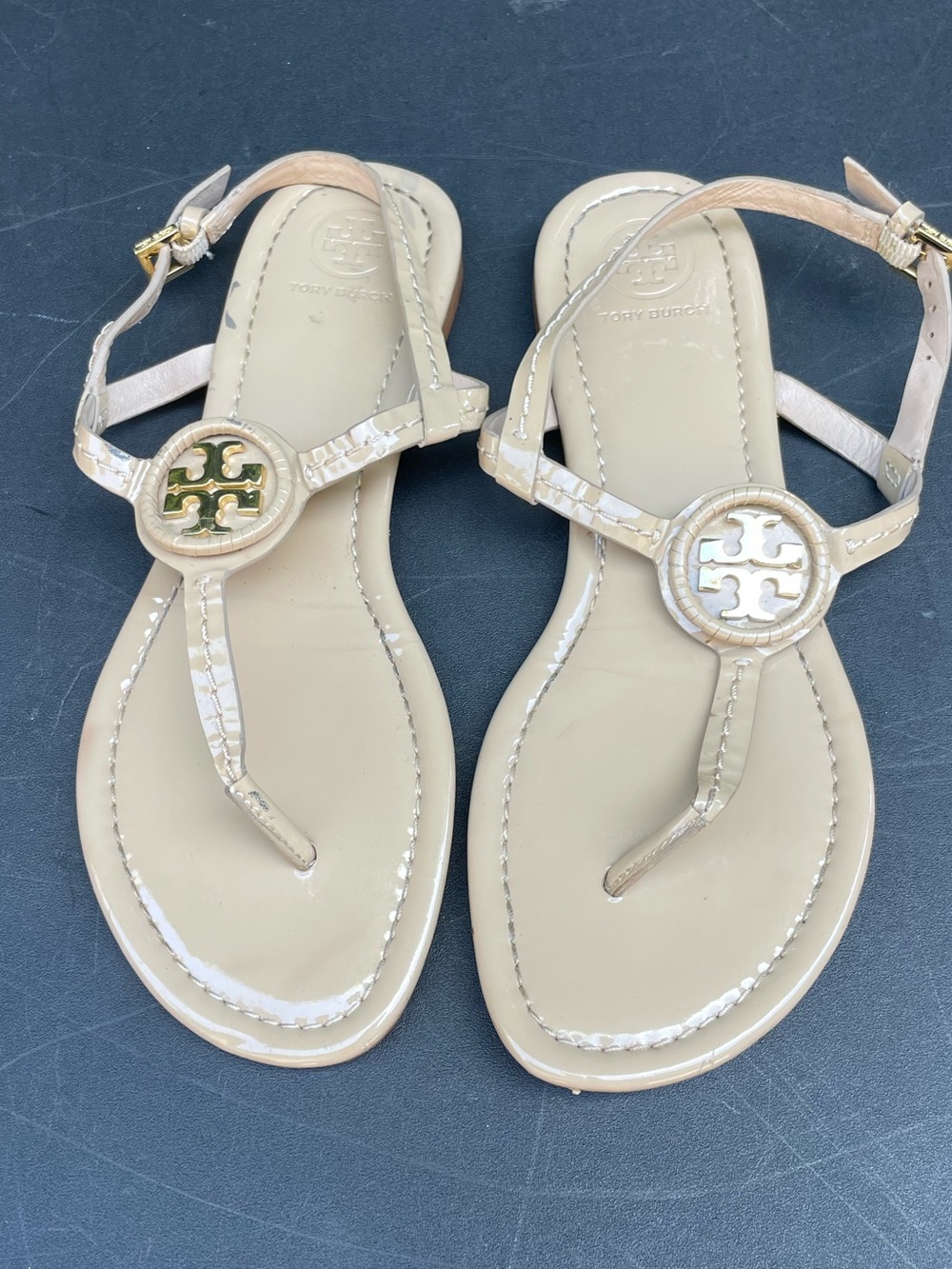 Tory Burch Beige Patent Leather Miller Thong Sandals